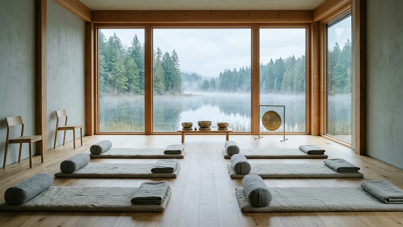 The studio prepared for a session: linen mats and bolsters facing a tall window onto a still lake, with three brass bowls and a small gong set out on a pale oak floor.
